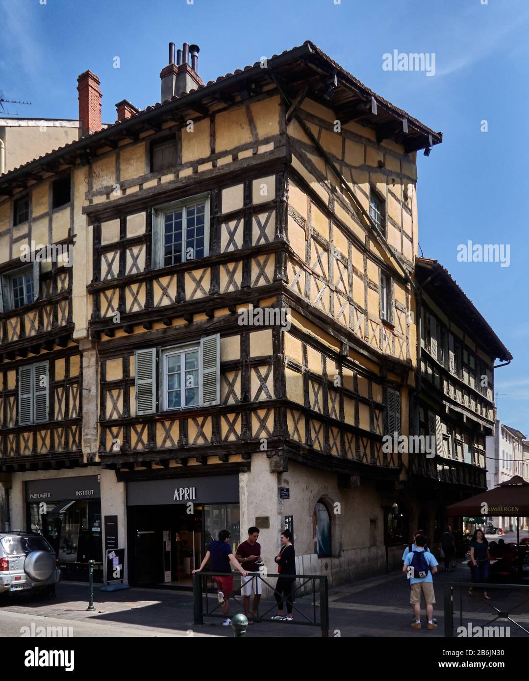 France, Ain departement, Auvergne - Rhone - Alpes région. Bourg-en- Bresse , beautiful half-timbered house of1496, the Hugon mansion in street Gambetta Stock Photo