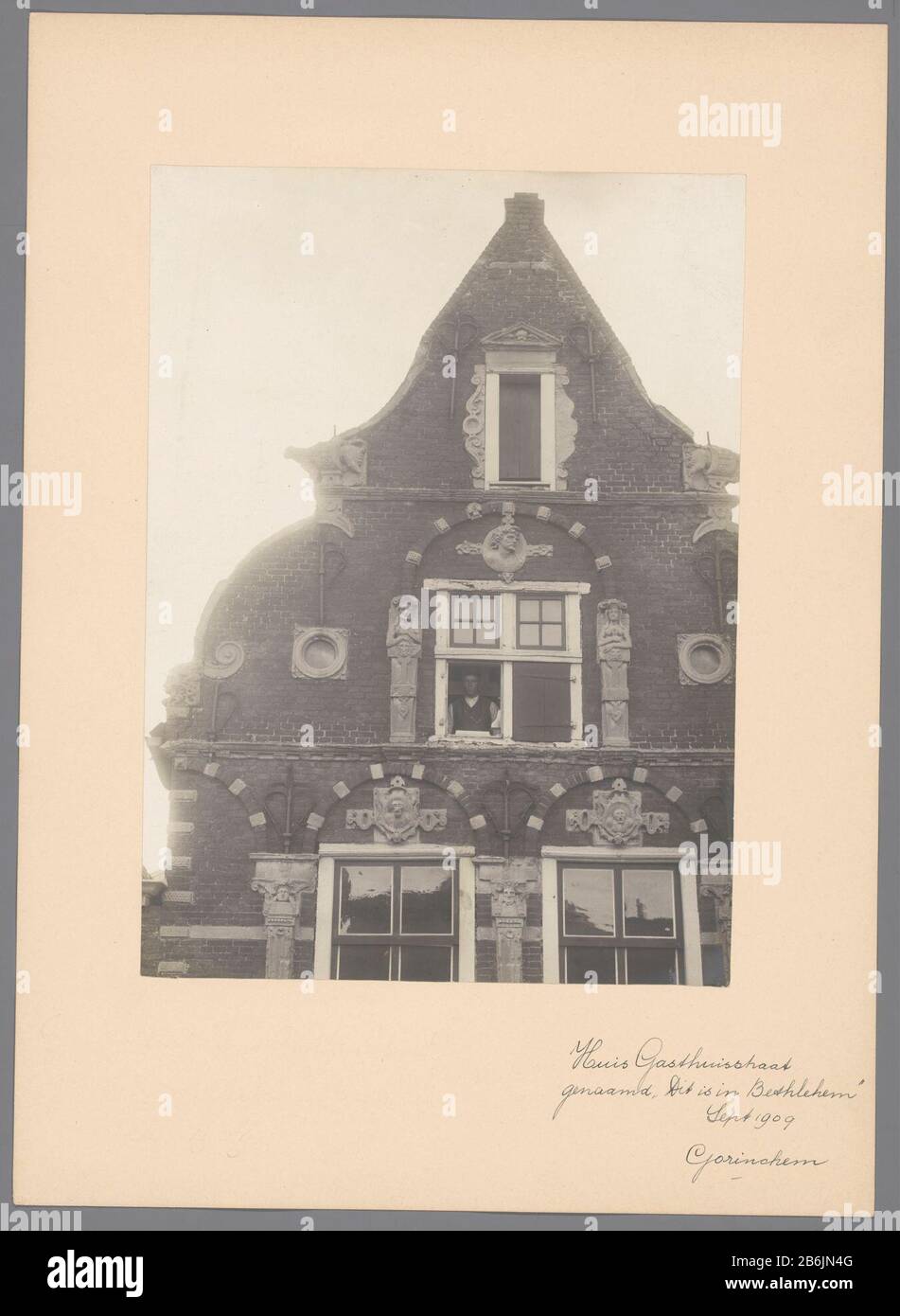 Property detail This is in Bethlehem in Gorinchem Property detail This is Bethlehem Gorinchem Property Type: photographs Item number: RP-F 00-3621 Inscriptions / Brands: annotation, recto, handwritten: 'House Gasthuisstraat called This is Bethlehem / Sept 1909 / Gorinchem'annotatie, verso, hand-written, 'M. Wild / 1682-' Manufacturer : Photographer: anonymous (Heritage) (attributed to) Place manufacture: Gasthuisstraat Date: 1909 Material: paper carton Technique: gelatin silver print dimensions: photo: H 222 mm × W 161 mm Subject: urban housing façade (or house or building) where : Gasthuisstr Stock Photo