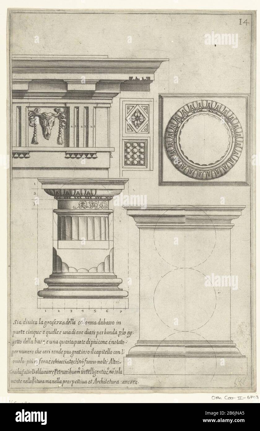 Details van de Dorische hordes Architecture with different ornaments plucked from 'Antico (serietitel) Basement, capital, entablature, bottom of the cornice and base of the Doric order. Links Below is an explanation. From first editie. Manufacturer : to a design by: Giovanni Battista Montanoprentmaker: anonymous publisher: Callisto FerrantiPlaats manufacture: a design by: Italy (possible) publisher: Rome Date: 1636 Material: paper Technique: engra (printing process) Measurements: plate edge: H 278 mm × b 179 mm Stock Photo