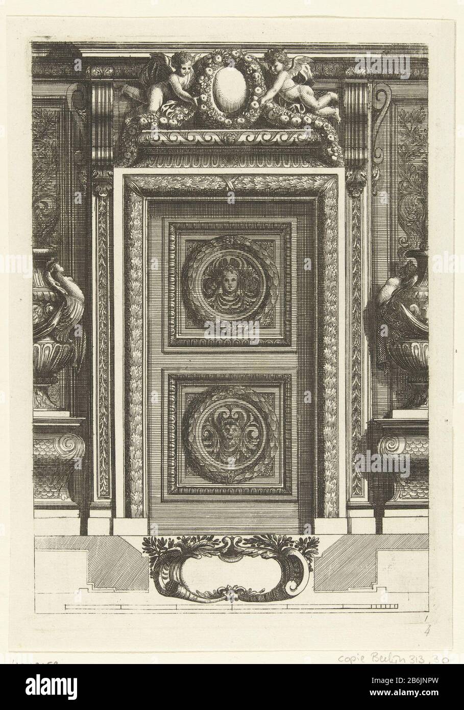 By having two panels Scartaffii Overo ornamenti (serietitel) Both panels are decorated with a round medallion with a mascaron. Rebellion and plan down. From series of six blades with ornamental panels and doors to rooms and alkoven. Manufacturer : printmaker Franz Ertingernaar design: Jean Lepautreuitgever Cornelis Galle (II) Place manufacture: Antwerp Dating: after 1657 - for 1678 Material: paper Technique: etching / engra ( printing process) Measurements: plate edge: h 208 mm × W 144 mm Subject: by Stock Photo