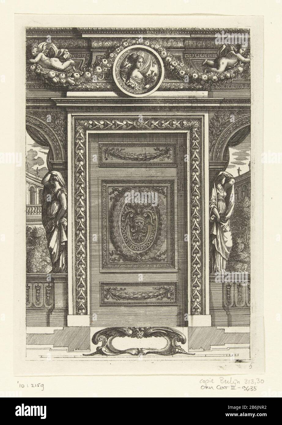Door panel Mascaròn Scartaffii Overo ornamenti (serietitel) On either side of the door is a woman on a balustrade for a trompe -l'oeilpaneel. With insurgency and plan down. From series of six blades with ornamental panels and doors to rooms and alkoven. Manufacturer : printmaker Franz Ertingernaar design: Jean Lepautreuitgever Cornelis Galle (II) Place manufacture: Antwerp Dating: after 1657 - for 1678 Material: paper Technique: etching / engra ( printing process) Dimensions: plate edge: h 207 mm × W 144 mm Subject: by Stock Photo