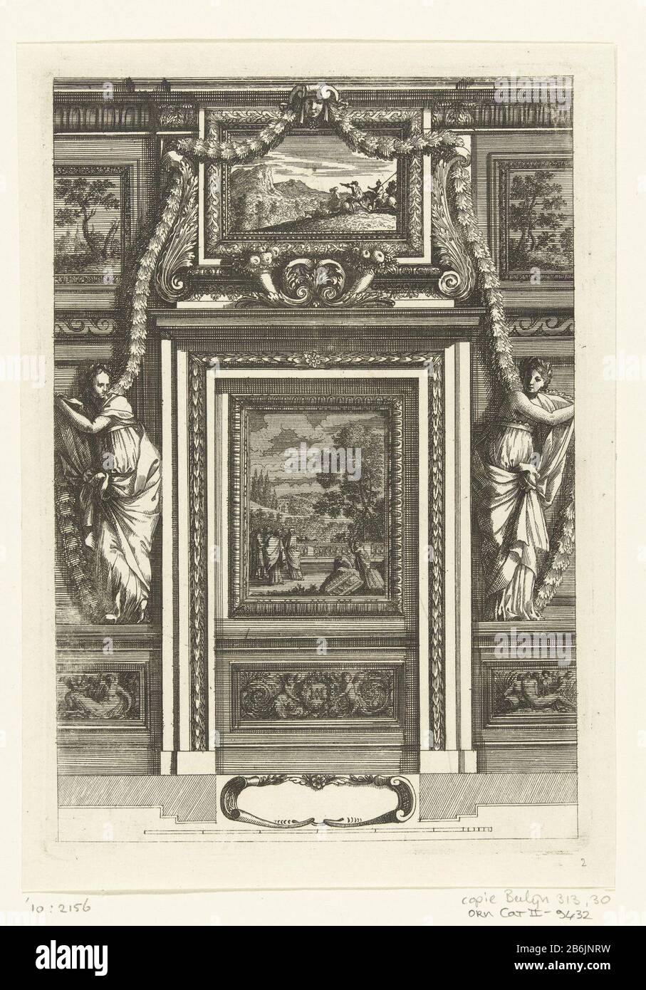 Door with painting Scartaffii overo Ornamenti (series title) The painting are figures on a balcony behind a landscape, the bottom is a lower panel with the monogram MM. From series of six blades with ornamental panels and doors to rooms and alkoven. Manufacturer : printmaker Franz Ertingernaar design: Jean Lepautreuitgever Cornelis Galle (II) Place manufacture: Antwerp Dating: after 1657 - for 1678 Material: paper Technique: etching / engra ( printing process) Dimensions: plate edge: h 210 mm × W 145 mm Subject: by Stock Photo