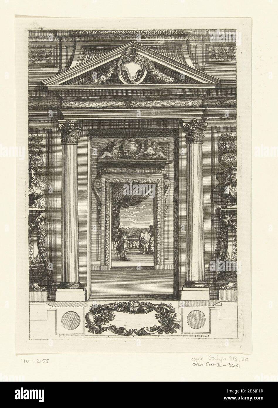 Doorway facing second door Scartaffii overo Ornamenti (series title) Besides the doorway Corinthian columns and long feet with a bust. Because of the second door are visible figures. With insurgency and plan down. From series of six blades with ornamental panels and doors to rooms and alkoven. Manufacturer : printmaker Franz Ertingernaar design: Jean Lepautreuitgever Cornelis Galle (II) Place manufacture: Antwerp Dating: after 1657 - for 1678 Material: paper Technique: etching / engra ( printing process) Dimensions: plate edge: h 207 mm × W 145 mm Subject: by Stock Photo