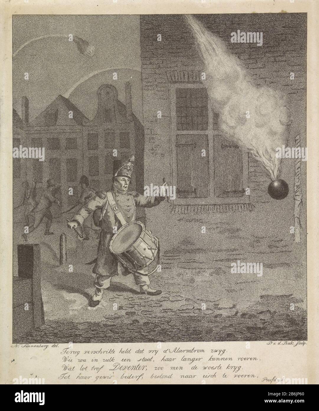 Deventer bombarded by Cossack, 1813 While Deventer bombardment by Russian Cossacks, forget to watch the Brink of terror on the alarm bangs when a bomb nearby drop him, november 23, 1813. With four line vers. Manufacturer  (?): printmaker Pieter van der Beek (listed property) to drawing: Nicholas Sonnenberg (listed property) Place manufacture: Netherlands Date: 1813 Physical features: stippelets, etching and engra, the picture given as proof material: paper Technique: etching / stippelets / engra (printing process) Dimensions: sheet: h 252 mm × W 210 mmToelichtingBij the print is a letter about Stock Photo