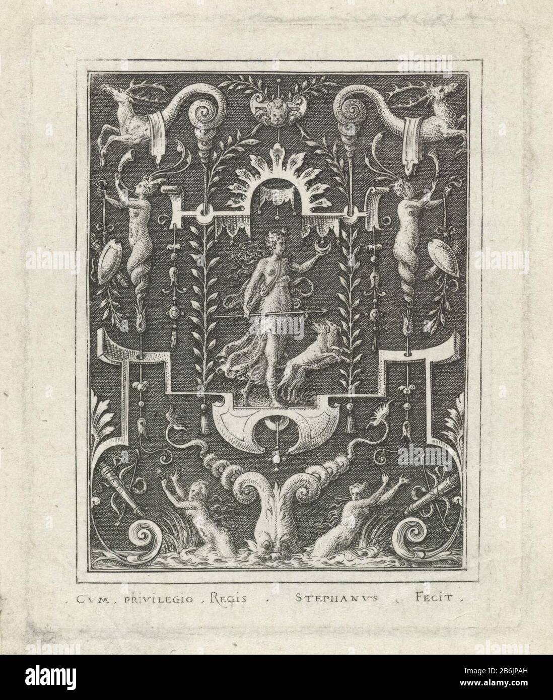 Diana Flat Decorations with figures of gods in a frame of grotesques (series title) Diana with the crescent moon in hand, flanked by two herms with double, twisted tails. From series of 6 bladen. Manufacturer : print maker: Etienne Delaunenaar design: Etienne Delauneuitgever: anonymous location manufacture: France (possible) Date: 1528 - 1583 Material: paper Technique: engra (printing process) Measurements: plate edge: h 81 mm × b 66 mm Stock Photo