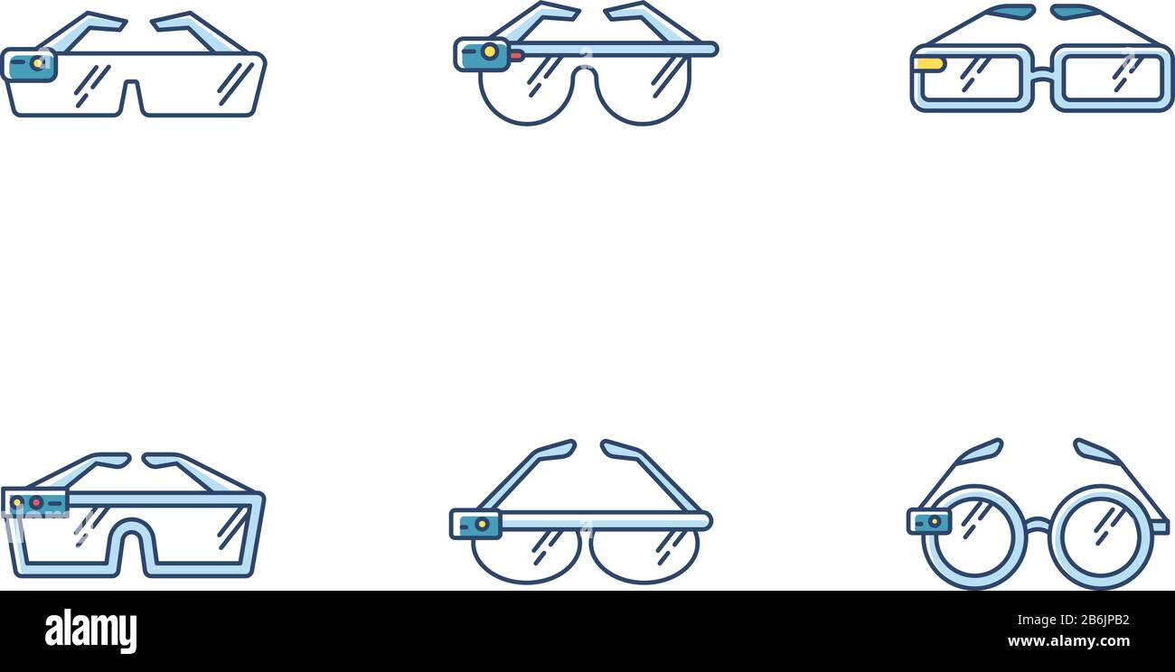 Smart glasses RGB color icons set. Smartglasses. Wearable computer optical gadgets. Augmented