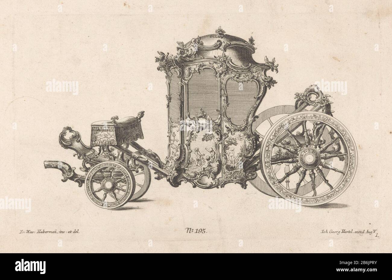 Dense carriage Carriages (series title) Dense coach with rocaille ornaments, floral motifs and paintings with putti in landscape. Publisher number 195. Manufacturer : printmaker: anonymous design by Franz Xaver Habermann (listed building) Publisher: Johann Georg Hertel (I) (listed building) Place manufacture: Augsburg Date: 1731 - 1775 Physical features: etching and engra material: paper Technique: etching / engra (printing process) Dimensions: plate edge: h 189 mm × W 301 mm Subject: four-wheeled, animal-drawn vehicle, eg: cab, carriage, coach Stock Photo