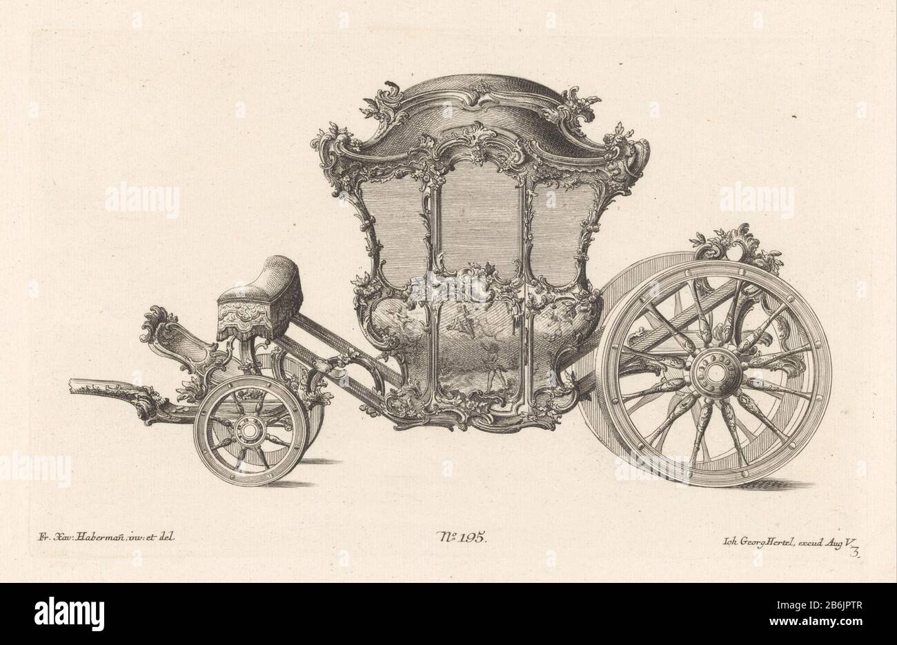 Dense carriage Carriages (series title) Dense coach with rocaille ornaments, floral motifs and paintings with putti. Publisher number 195. Manufacturer : printmaker: anonymous design by Franz Xaver Habermann (listed building) Publisher: Johann Georg Hertel (I) (listed building) Place manufacture: Augsburg Date: 1731 - 1775 Physical features: etching and engra material: paper Technique: etching / engra (printing process) Measurements: plate edge: h 188 mm × W 300 mm Subject: four-wheeled, animal-drawn vehicle, eg: cab, carriage, coach Stock Photo