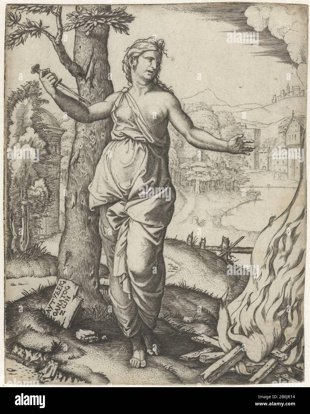 Dido kills himself with dagger next stake Dido kills herself with dagger beside stake object type: picture Item number: RP-P-OB-11.903Catalogusreferentie: Bartsch 187-2 (2) Markings / Brands: collector's mark, verso lower left, stamped: Lugt 240 Manufacturer : printmaker: Marcantonio Raimondinaar design: Rafael (possible) Place manufacture: Italy Date: 1508 - 1512 Physical characteristics: engra material: paper Technique: engra (printing process) Measurements: sheet: h 159 mm × W 126 mmToelichtingDe figure of the saint appears stylistically on the frescos in the Stanza della Segnatura by Rapha Stock Photo