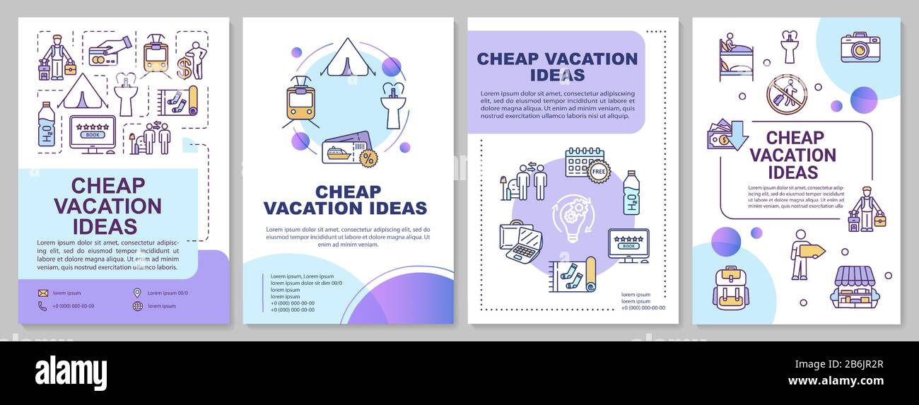 Cheap vacation ideas brochure template. Camping. Advance booking. Flyer, booklet, leaflet print, cover design with linear icons. Vector layouts for Stock Vector