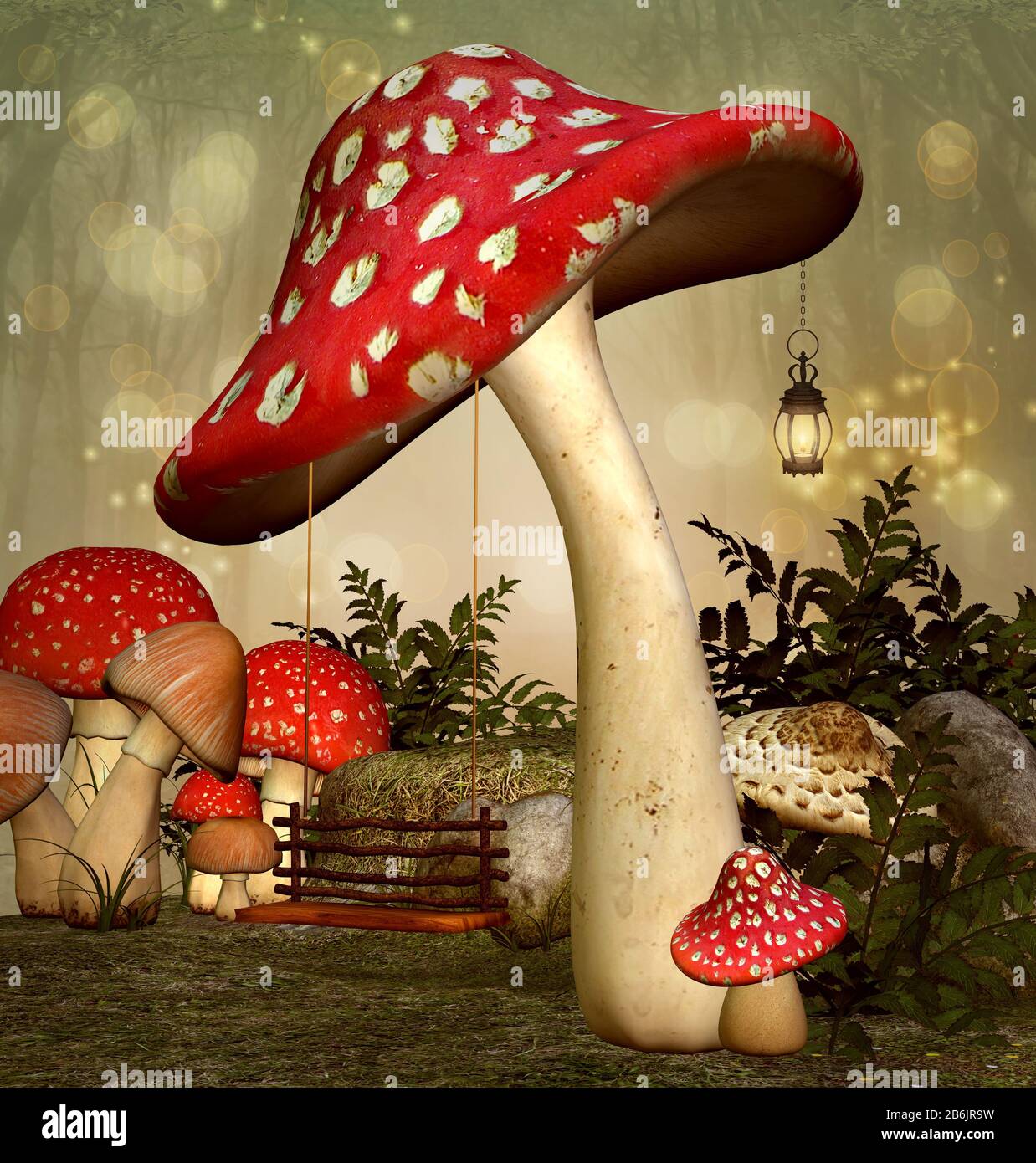 Elf fantasy garden with colorful mushrooms Stock Photo