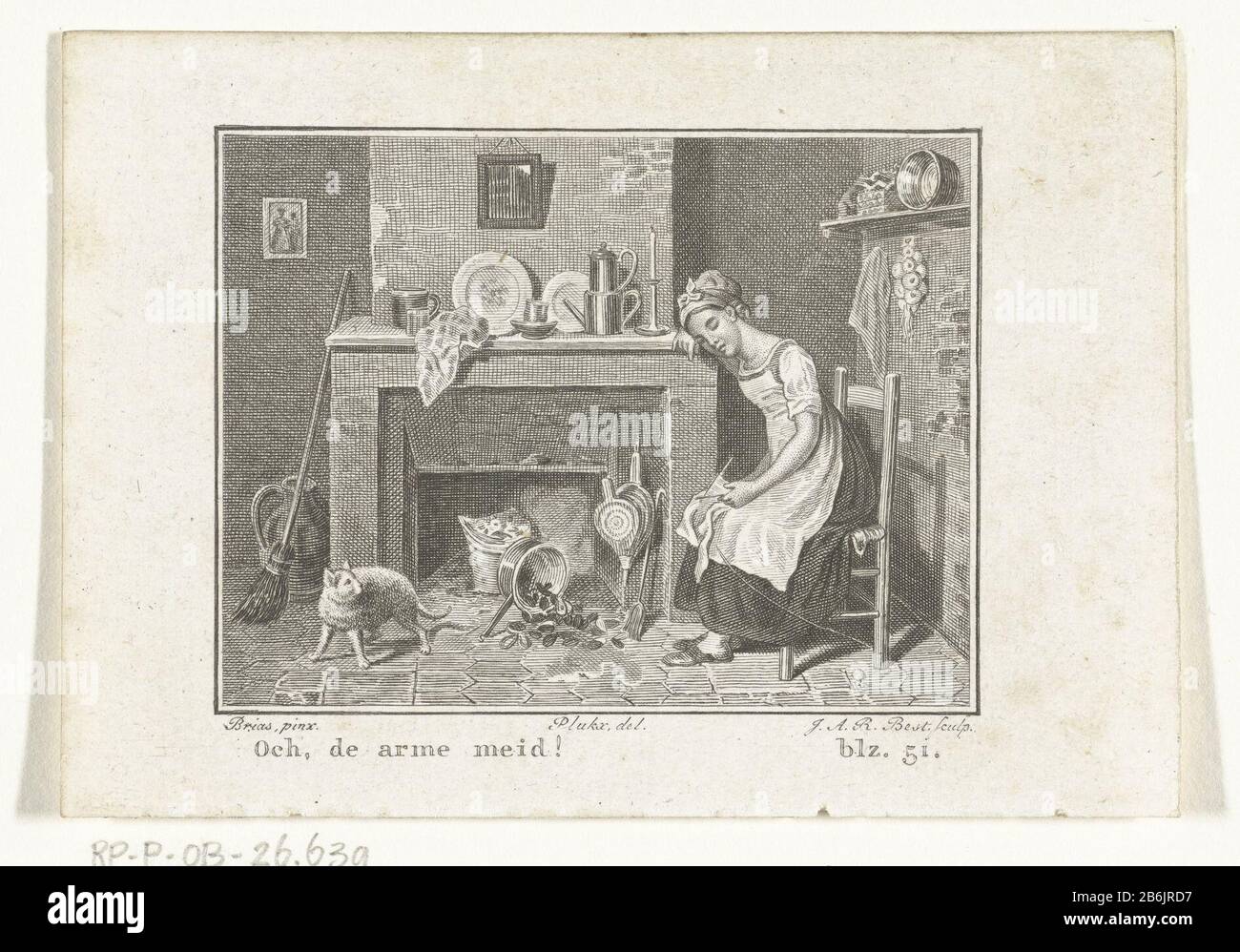 Maid is sleeping on chair with fireplace and cat throws pan Servant is sleeping on chair with fireplace and cat throws pan. Among the show is a short text quoted from the publication: Oh, the poor girl Manufacture Creator: printmaker John Alexander Rudolf Best (listed property) to painting by Charles Brias (listed property) to drawing: Joannes Antonius Augustinus Pluckx (listed property) Place manufacture: Amsterdam Date: 1807-1855 and / or 1827 Physical features: etching material: paper Technique: etching dimensions: sheet: h 79 mm × W 112 mmToelichtingPrent to painting by Charles Brias, the Stock Photo