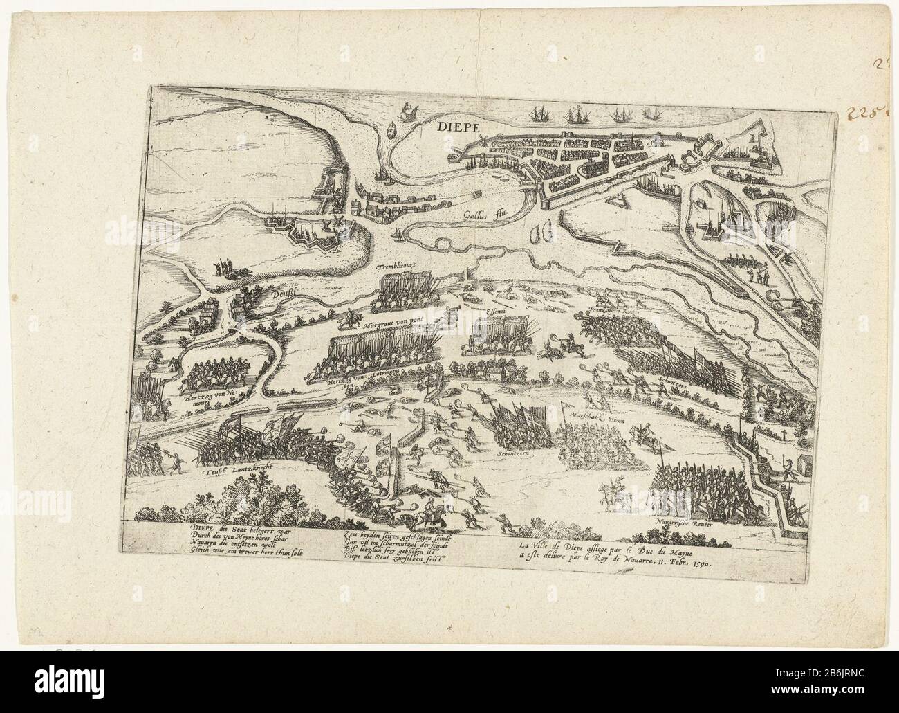 Dieppe freed by Henry IV, 1590 Series 4 French, German and English Events, 1576-1610 (series title) the beleaguered Dieppe appalled by Henry IV, February 11 1590. the battle in the foreground, in the distance a city map Dieppe in overhead view. With signature of 8 lines in German and two lines in French. Unnumbered. Leaf comes from an album that is disassembled. Upper right numbered (in pen) 225. Manufacturer : printmaker French High Mountain (workshop) Place manufacture: Cologne Date: 1590 - 1592 Physical features: etching material: paper Technique: etching Dimensions: plate edge: H 210 mm × Stock Photo