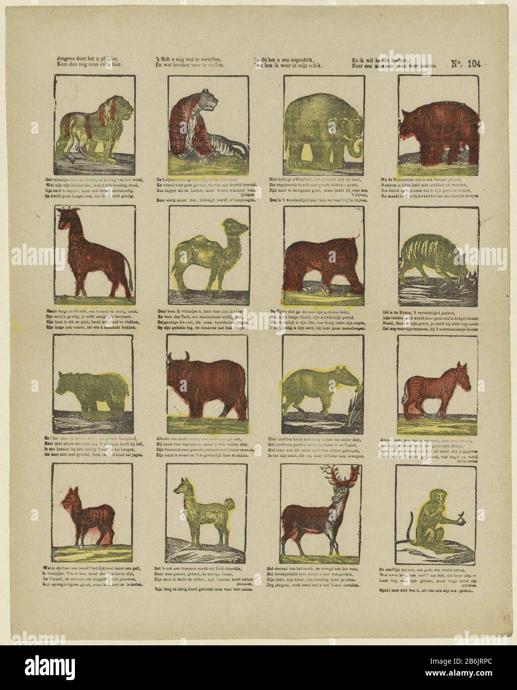Animals Boys doing you pleasure, then come over here () (title object) Leaf  with 16 representations of animals, including a lion, a tiger, an elephant  and a rhinoceros. Under each picture a