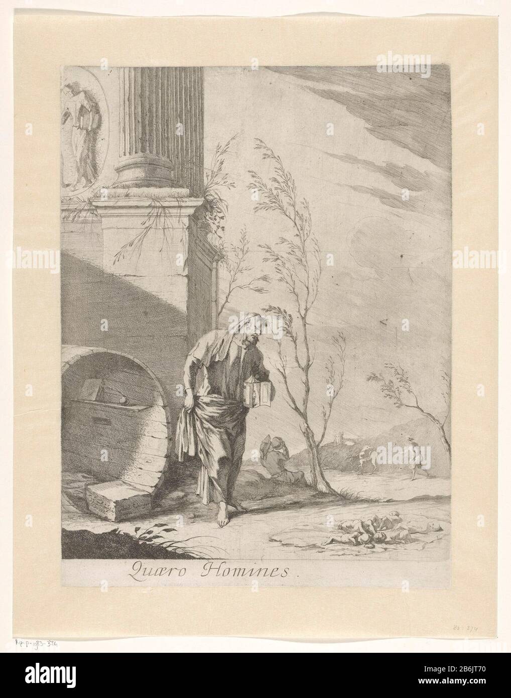 Diogenes seeking to (titel op object) Diogenes with lantern in hand for the ton Where: he lives in. For right are five dead babies on the ground. Possibly as a symbol of his fruitless search for the onschuld. Manufacturer : printmaker Gabriel Ehinger (listed building), designed by Johann Heinrich Schönfeld (listed building) Dated: 1662 - 1736 Material: paper Technique: etching Dimensions: sheet: H 411 mm (cut inner plate edge) × W 308 mm (cut inner plate edge)  Subject: Diogenes, carrying a lighted lantarn by daylight, trying to find an honest man Benthic, usually in a crowded market-place (st Stock Photo