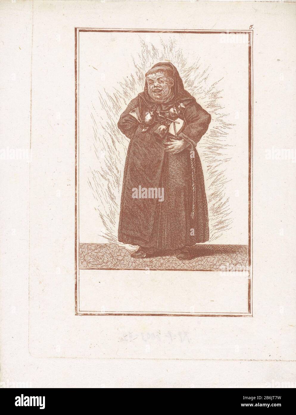 a thick monk, seen from the front, standing in a ring of fire. Around his neck hung a glass bottle, pipe and other attributes that indicate a less than sober lifestyle. The print is part of a 50-part series on the subject of the abuses of the Catholic geestelijkheid. Manufacturer : printmaker Jacob Gole (attributed to) for drawing of Cornelis DusartPlaats manufacture: Amsterdam Date: 1724 Physical features: etching in red; proofing material: paper Technique: etching Dimensions: sheet: H 231 mm × W 180 mmToelichtingIllustratie for Renversement de la morale chretienne par les desordres du monast Stock Photo