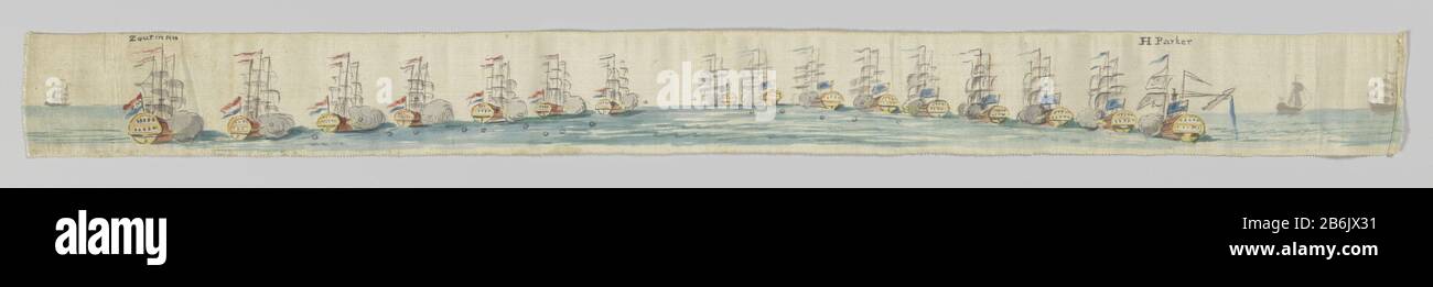 Doggersbanklint, A-695-16 Ribbon, with front color image: two rows of ships lying in line: left row with seven vessels, all with red-white-blue flag, pennants , and with smoke cloud to control board; rechterij nine vessels, all with British flag (blue with white top right field with red crossings) and puff to port; the rightmost ship mast broken and battered row of sailing; All flags and pennants are facing left; top left and right ship heading (s); Furthermore, on background even one ship links, and two rechts. Manufacturer : print maker: anonymous location manufacture: The Netherlands Date: Stock Photo