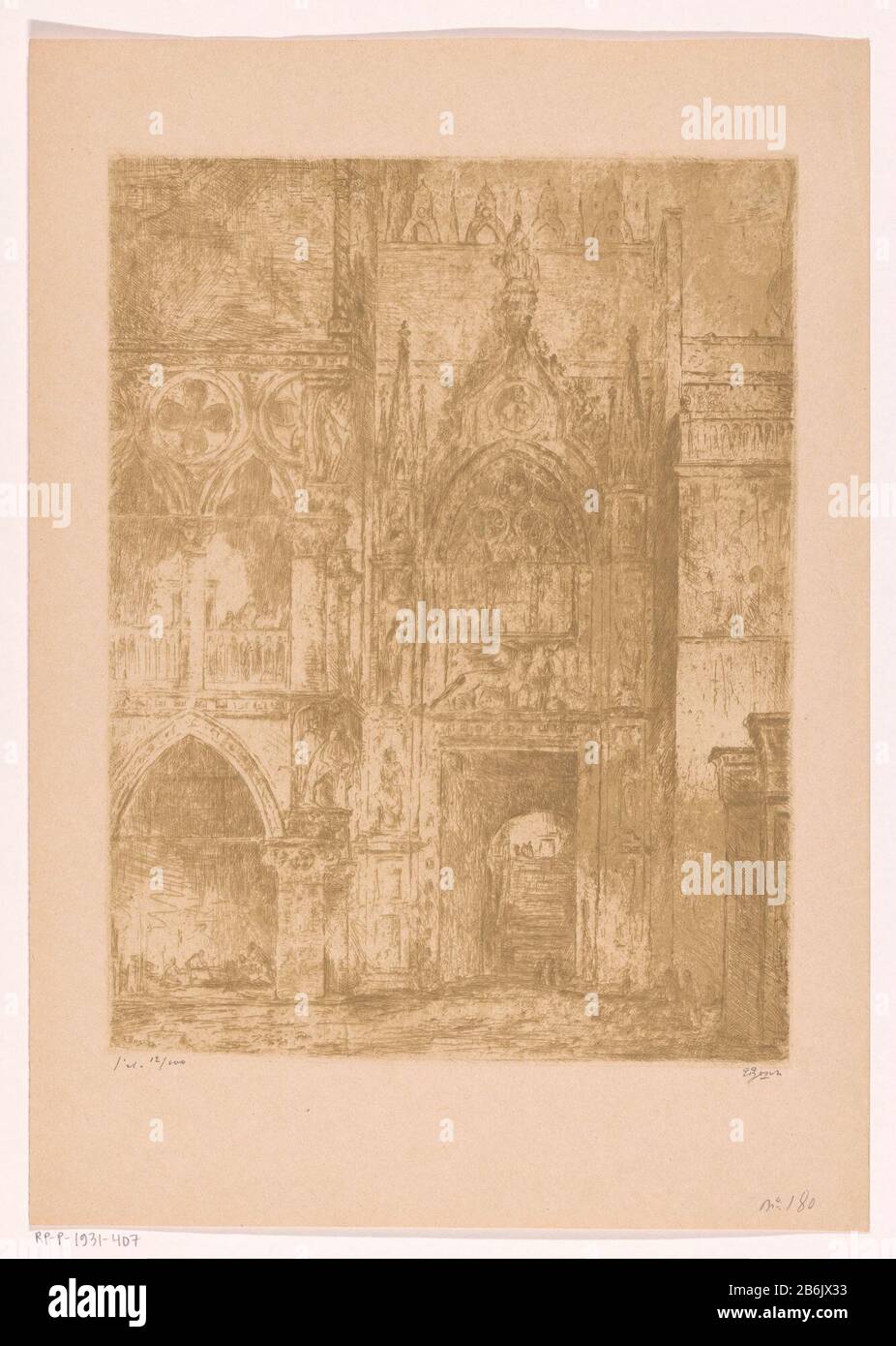 View of the Porta della Carta of the Doge's Palace in Venice. At the gate a sculpture of the evangelist Mark and winged leeuw. Manufacturer : printmaker: Etienne Bosch (personally signed) Date: 1873 - 1931 Physical features: etching in brown material: paper Technique: etching Dimensions: plate edge: H 378 mm × W 286 mm Subject: gate, entrance mark (mark) the evangelist, and bishop of Alexandria; possible attributes: book, (winged) lion, pen and inkhorn, scrolling in which: Dogepaleis Stock Photo