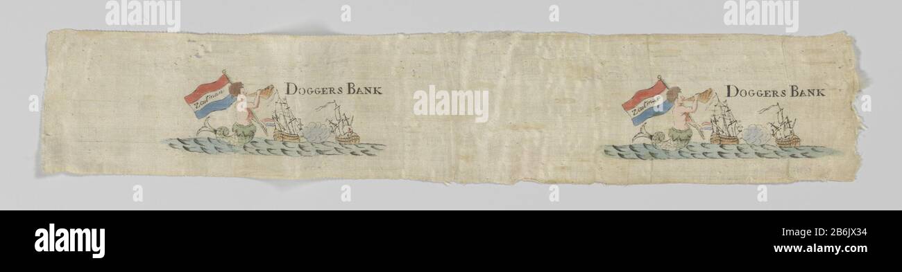 Doggersbanklint, A-695-12 Oblong piece of ribbon, cut on both sides, with front two printed images: left mermaid (man?), Facing right, blowing a triton, which she holds the right; in the left hand a flagpole, with Dutch flag, with white track this inscription; right on this background two ships left flying the Dutch flag, the white flag with a right cross; between ships a puff; entirely on the surface of zeebaren. Title: Doggersbank (s) Zoutmanstraat (2x) . Manufacturer : print maker: anonymous location manufacture: The Netherlands Date: in or after 1781 Material: silk Technique: wea / cut / p Stock Photo
