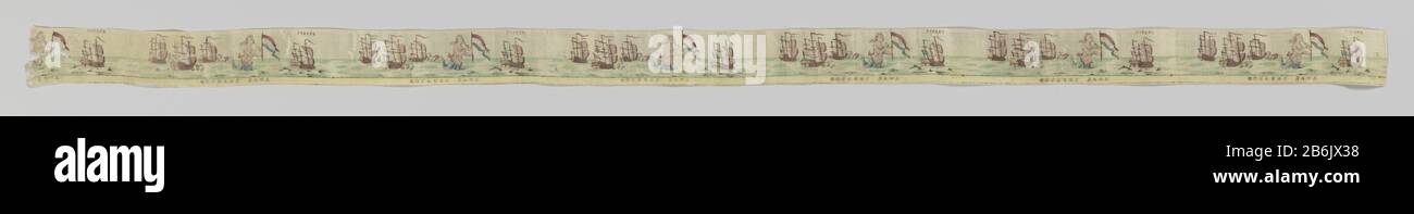 Doggersbanklint, A-695-15 Ribbon, with front printed color image; along the horizontal underside yellow band with the inscription; above continuous representation 6½ x occurs: ships at sea, left three ships with sails, masts pennants; two are on right side puffs (from artillery firing); Right this (central) mermaid turned right, blowing on triton which it holds in the right hand; in the left she holds a Dutch flag with white lettering job; on the far right with ship sails and English vlag. Manufacturer : print maker: anonymous location manufacture: The Netherlands Date: in or after 1781 Materi Stock Photo