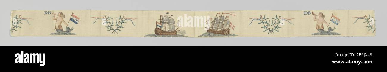 Doggersbanklint, A-695-14 Ribbon depicting v.l.n.r .: mermaid with trumpet Where: DB state and red-white-blue flag which stands ZM; V entwined by vines and with red, white and blue streamers; a Dutch and an English ship; repetition of the V; repetition Mermaid; repetition of the V. Manufacturer : print maker: anonymous location manufacture: The Netherlands Date: in or after 1781 Material: silk Technique: wea / press dimensions: box: b 31.5 cm. H × 5 cm. D × 25.5 cm. ribbon: h 5.1 cm. B × 67.5 cm.  Subject: Battle of Dogger Bank When: 1781 - 1781 Stock Photo