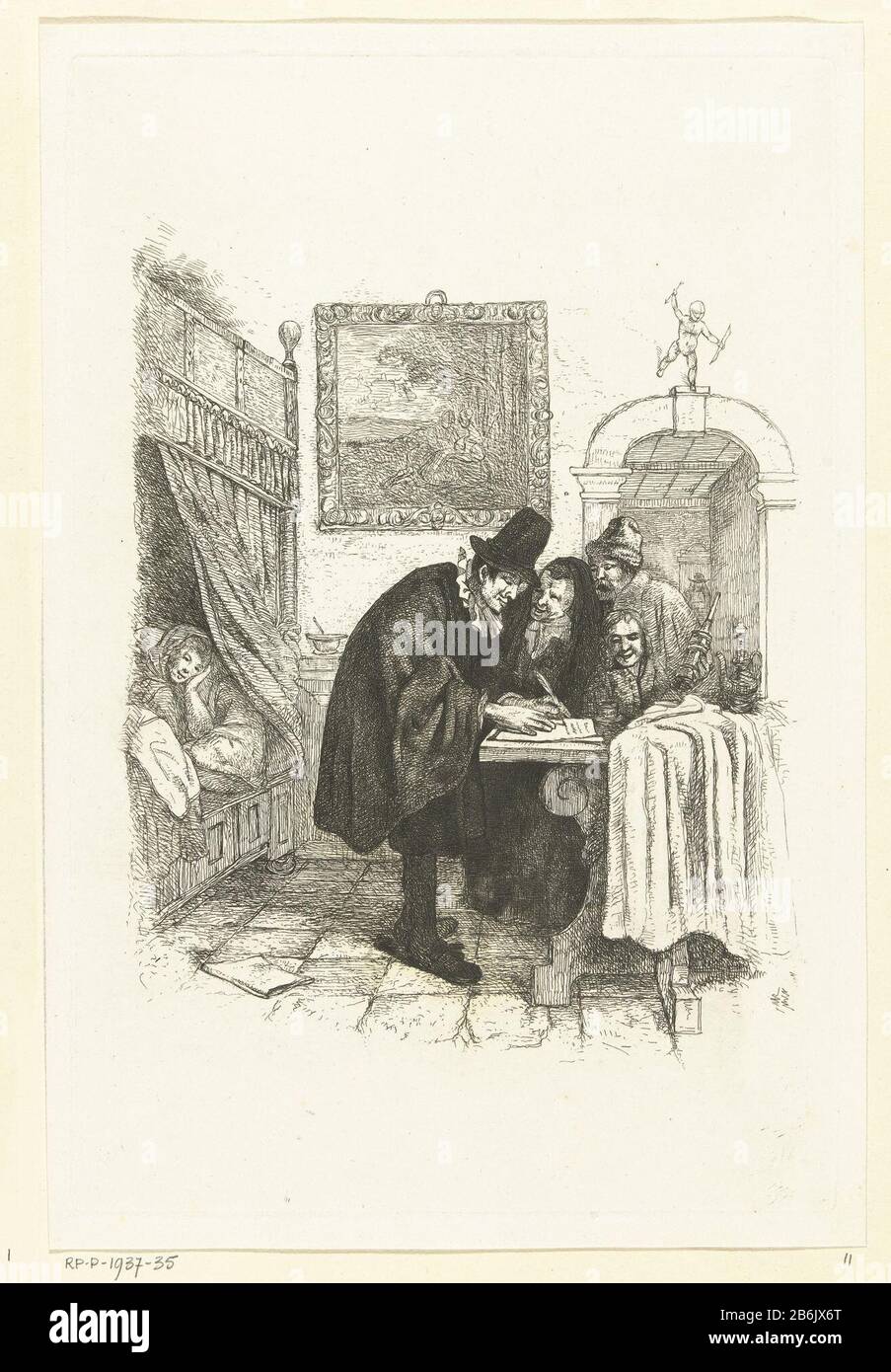 Doctor house calls to sick woman a doctor writes a prescription standing on a table. An old woman, a man with an enema and a boy watch. The patient, a sick woman lying in bed. In the interior there is a painting on the wall with a pastoral scene. On top of the arch is a small statue of Amor. Manufacturer : printmaker Albertus Brondgeestnaar painting by Jan Havicksz. Steenplaats manufacture: Netherlands Date: 1796 - 1849 Physical features: etching material: paper Technique: etching Dimensions: plate edge: H 249 mm × W 164 mmToelichtingPrent to painting by Jan Steen. Subject: sick bedphysician, Stock Photo