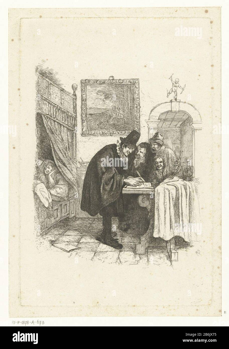 Doctor house calls to sick woman a doctor writes a prescription standing on a table. An old woman, a man with an enema and a boy watch. The patient, a sick woman lying in bed. In the interior there is a painting on the wall with a pastoral scene. On top of the arch is a small statue of Amor. Manufacturer : printmaker Albertus Brondgeestnaar painting by Jan Havicksz. Steenplaats manufacture: Netherlands Date: 1796 - 1849 Physical features: etching material: paper Technique: etching Dimensions: plate edge: H 249 mm × W 166 mmToelichtingPrent to painting by Jan Steen. Subject: physician, doctor s Stock Photo