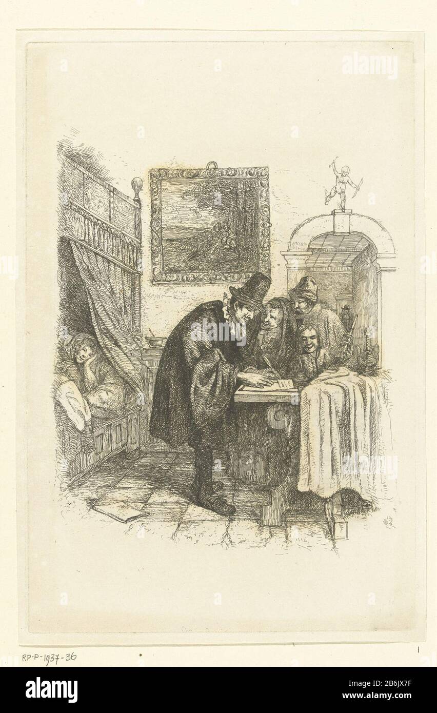 Doctor house calls to sick woman a doctor writes a prescription standing on a table. An old woman, a man with an enema and a boy watch. The patient, a sick woman lying in bed. In the interior there is a painting on the wall with a pastoral scene. On top of the arch is a small statue of Amor. Manufacturer : printmaker Albertus Brondgeestnaar painting by Jan Havicksz. Steenplaats manufacture: Netherlands Date: 1796 - 1849 Physical features: etching material: paper Technique: etching Dimensions: plate edge: H 251 mm × W 164 mmToelichtingPrent to painting by Jan Steen. Subject: sick bedphysician, Stock Photo