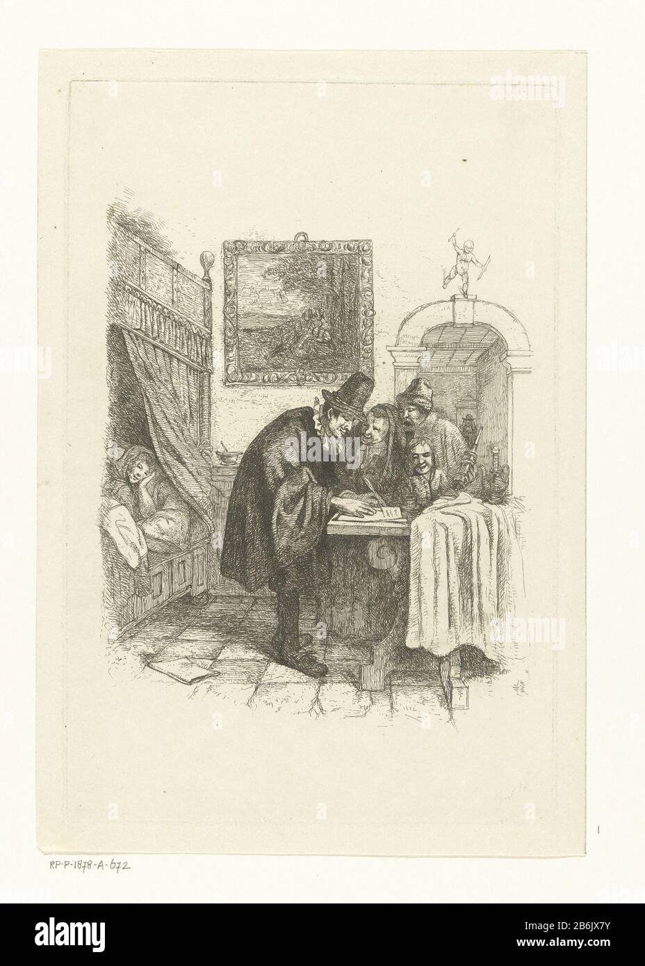 Doctor house calls to sick woman a doctor writes a prescription standing on a table. An old woman, a man with an enema and a boy watch. The patient, a sick woman lying in bed. In the interior there is a painting on the wall with a pastoral scene. On top of the arch is a small statue of Amor. Manufacturer : printmaker Albertus Brondgeestnaar painting by Jan Havicksz. Steenplaats manufacture: Netherlands Date: 1796 - 1849 Physical features: etching material: paper Technique: etching Dimensions: plate edge: H 249 mm × W 164 mmToelichtingPrent to painting by Jan Steen. Subject: sick bedphysician, Stock Photo