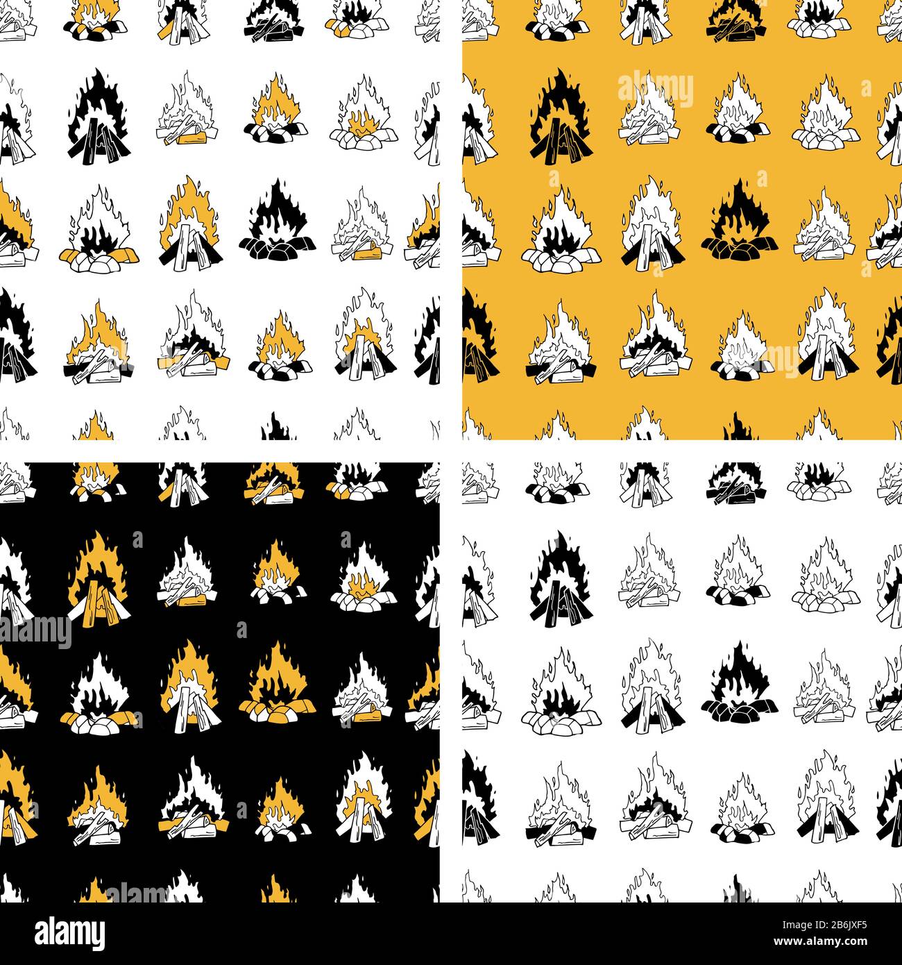 Set of bright vector seamless patterns with illustrations of bonfire isolated in white, black and golden background. Black and white. Fabric print Stock Vector