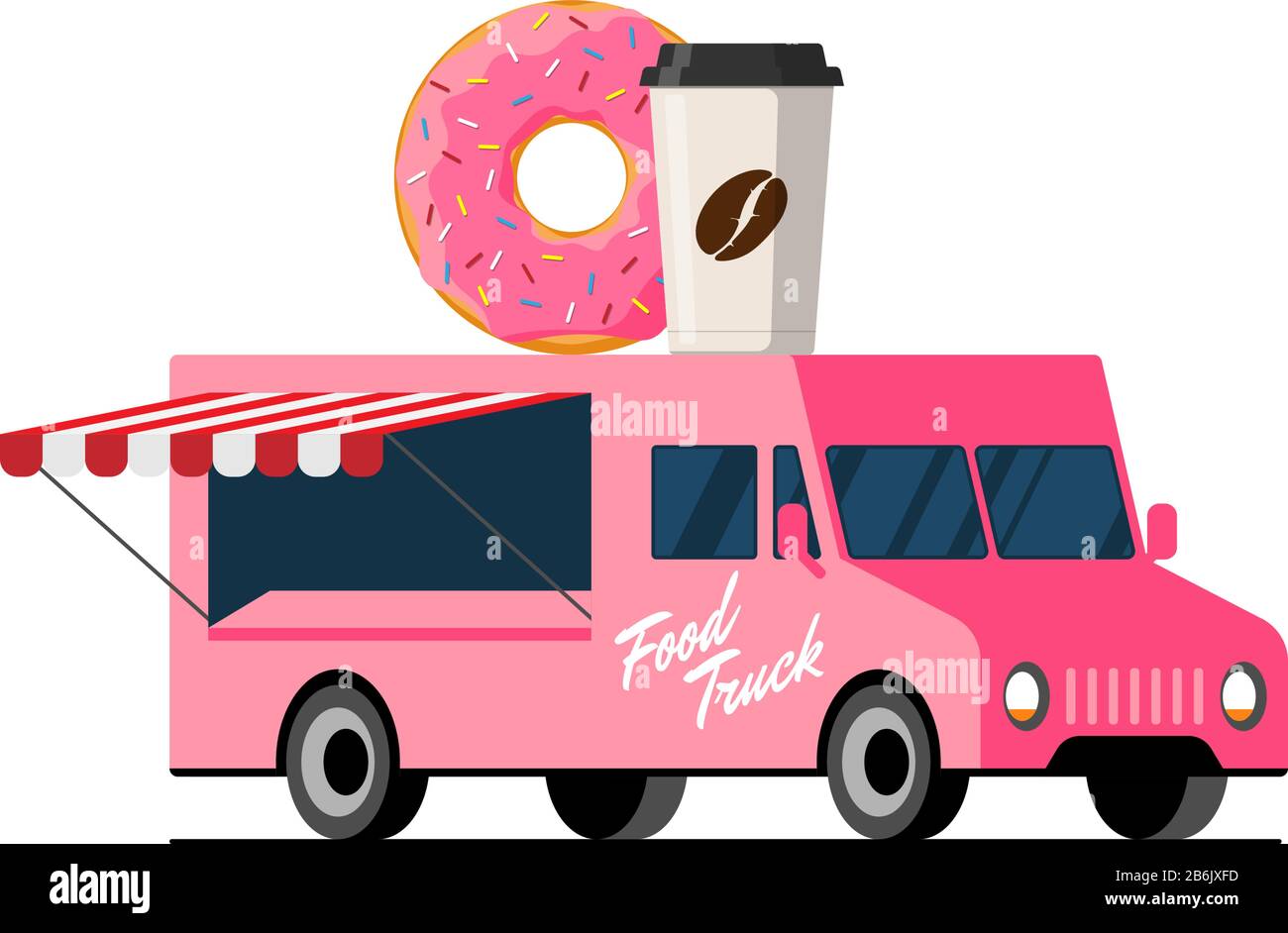 Fast food pink truck. Donut and coffee paper cup on van roof. Doughnut