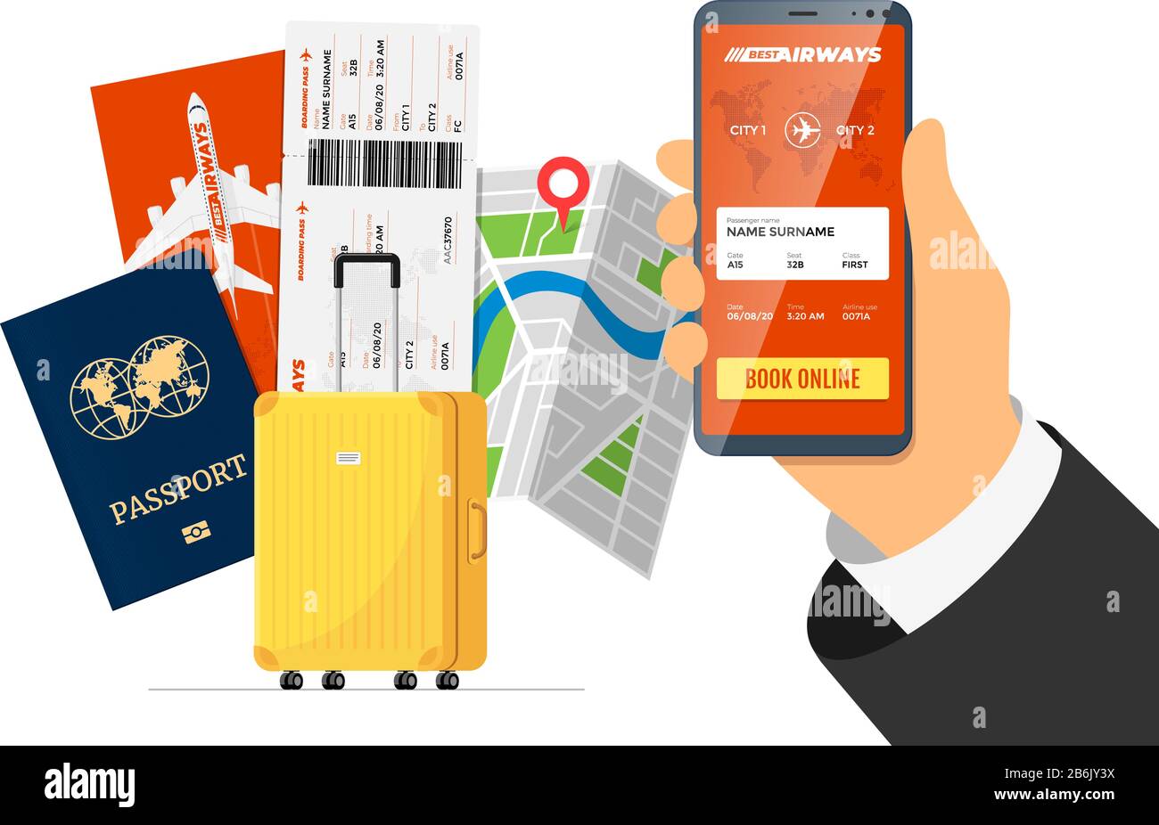 Online flight booking service concept. Hand holding smart phone with mobile app ordering airline ticket in front of suitcase luggage and passport. Travel application vector flat illustration Stock Vector