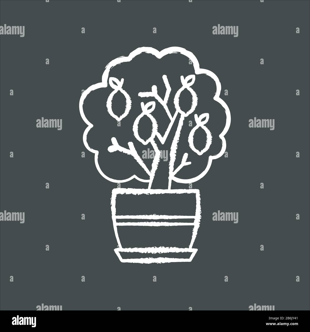 Miniature lemon tree chalk white icon on black background. Potted evergreen citrus. Plant with yellow fruit. Fruiting houseplant. Natural home, office Stock Vector