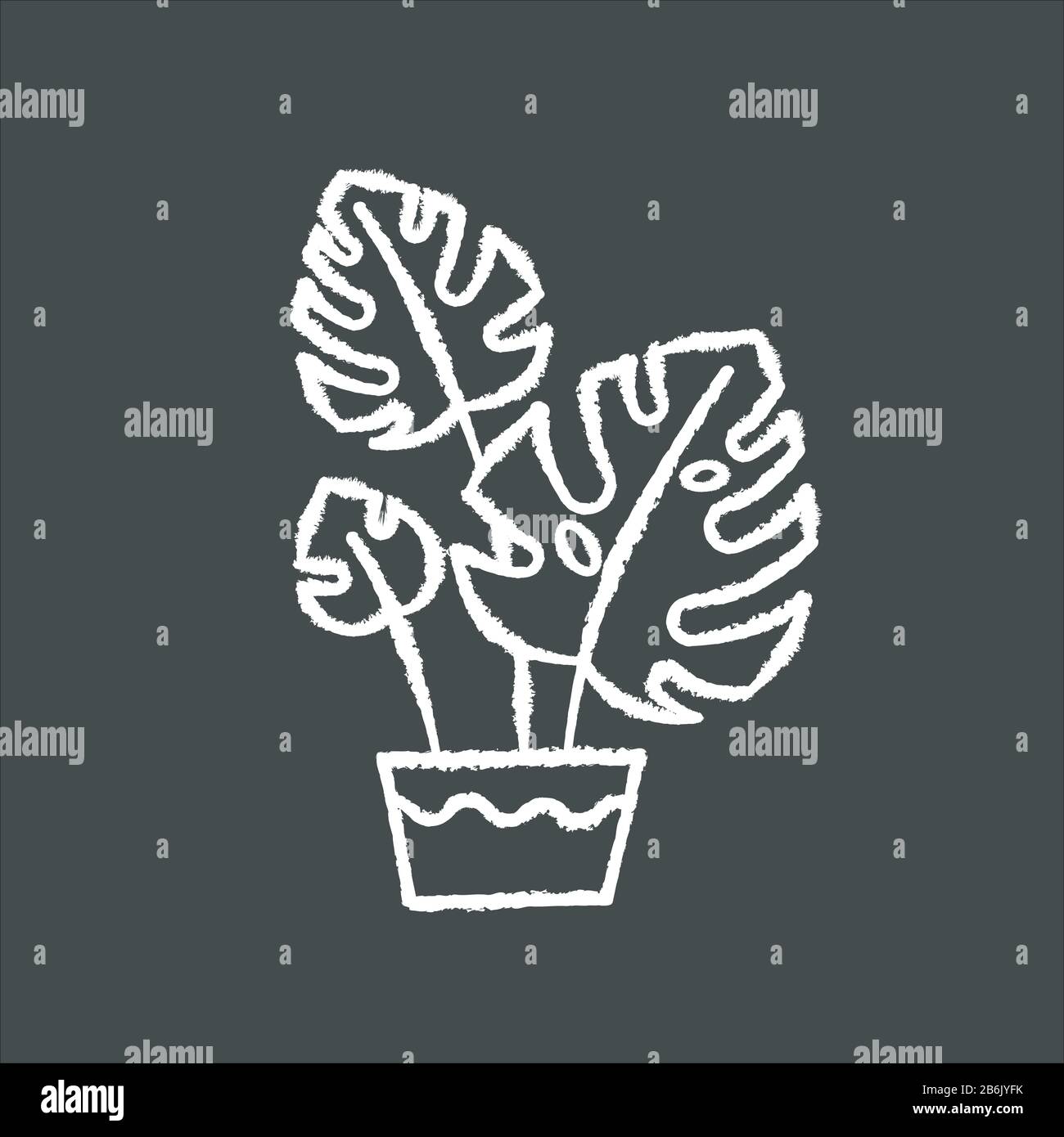 Monstera deliciosa chalk white icon on black background. Swiss cheese plant. Philodendron. Indoor tropical plant with split leaves. Decorative leafy Stock Vector