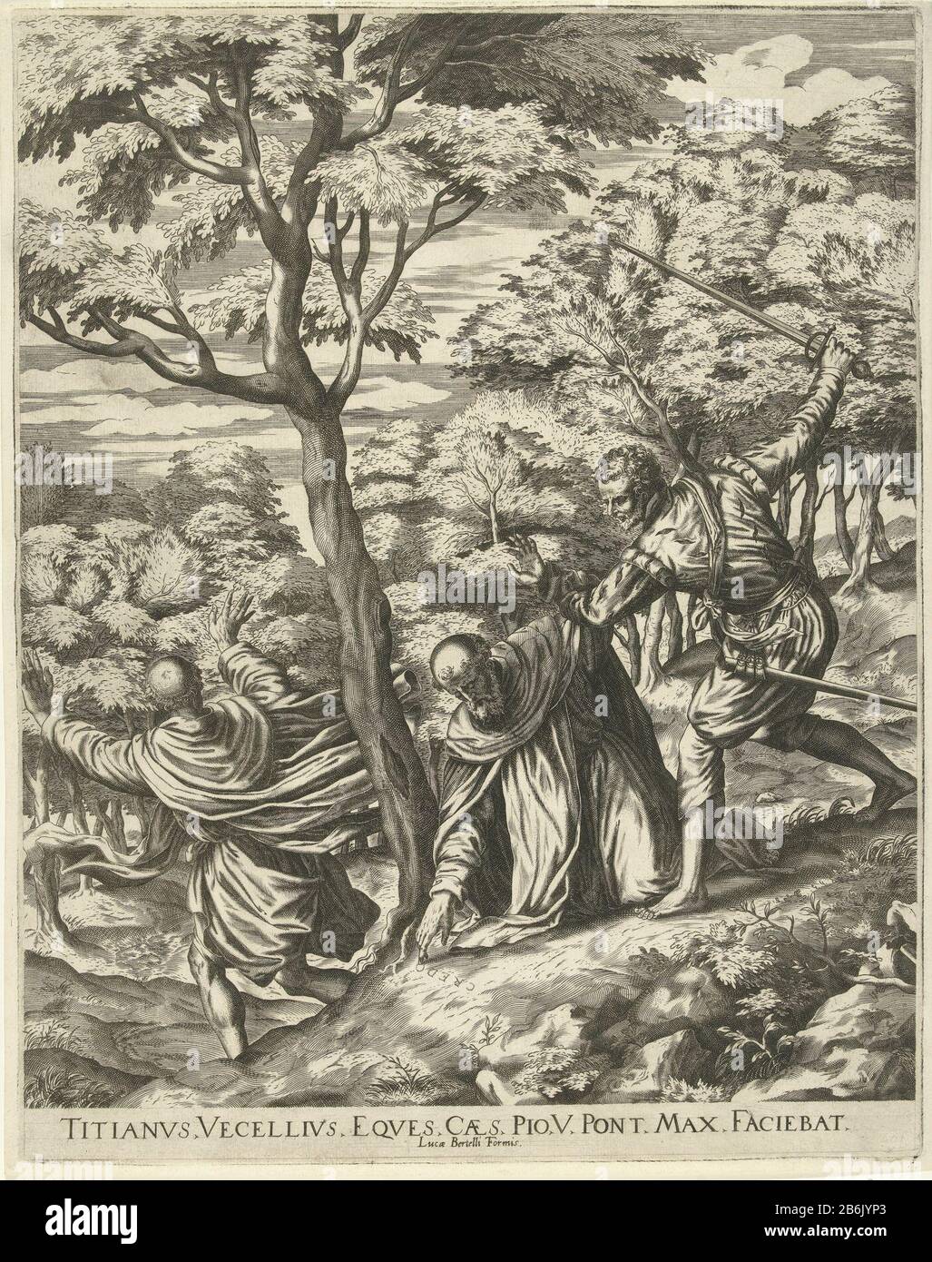 Death of Peter Martyr of Verona Saint Peter Martyr of Verona and a companion are in the forest haunted by a man with a heavy d. Peter fell to the ground and trying to defend himself. Just before his death, Peter wrote with his blood the words 'Credo in Deum 'in zand. Manufacturer : printmaker: anonymous printmaker Cornelis Cort (rejected attribution) to painting by Titian (listed building) Publisher: Luca Bertelli (listed object ) dedicated to Pius V (listed property) Place manufacture: printmaker Italy print Author: Italy to painting: Venice Publisher: Italy dedicated to: Vatican Date: 1566 - Stock Photo