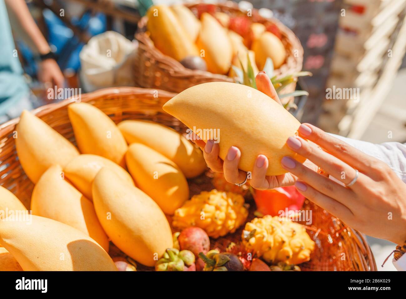 A young woman in a farmers' market chooses tropical exotic fruits rambutan, mango and dragon fruit Stock Photo