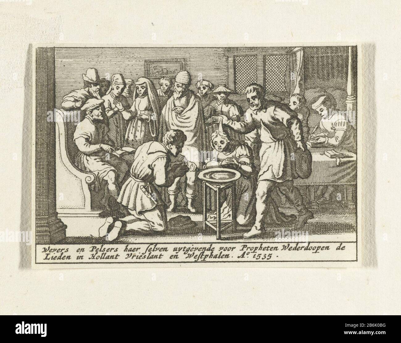 Baptism of Anabaptists, 1535 uprising of Anabaptists in Amsterdam in 1534-1535 (series title) Meeting of the Anabaptists in a house in Amsterdam Where: is used in the re-baptism, 1535. With two-line onderschrift. Manufacturer : printmaker Pieter Hendricksz. Schut To print by: anonymous to painting: Barend Dirckszuitgever: Claes Jansz. Visscher (II) Place manufacture: Northern Netherlands Date: 1629 - 1652 Physical features: etching material: paper Technique: etching Dimensions: paper: h 67 mm × W 98 mmToelichtingDeze prints are based on the original anonymous engras in the first edition L. Hor Stock Photo