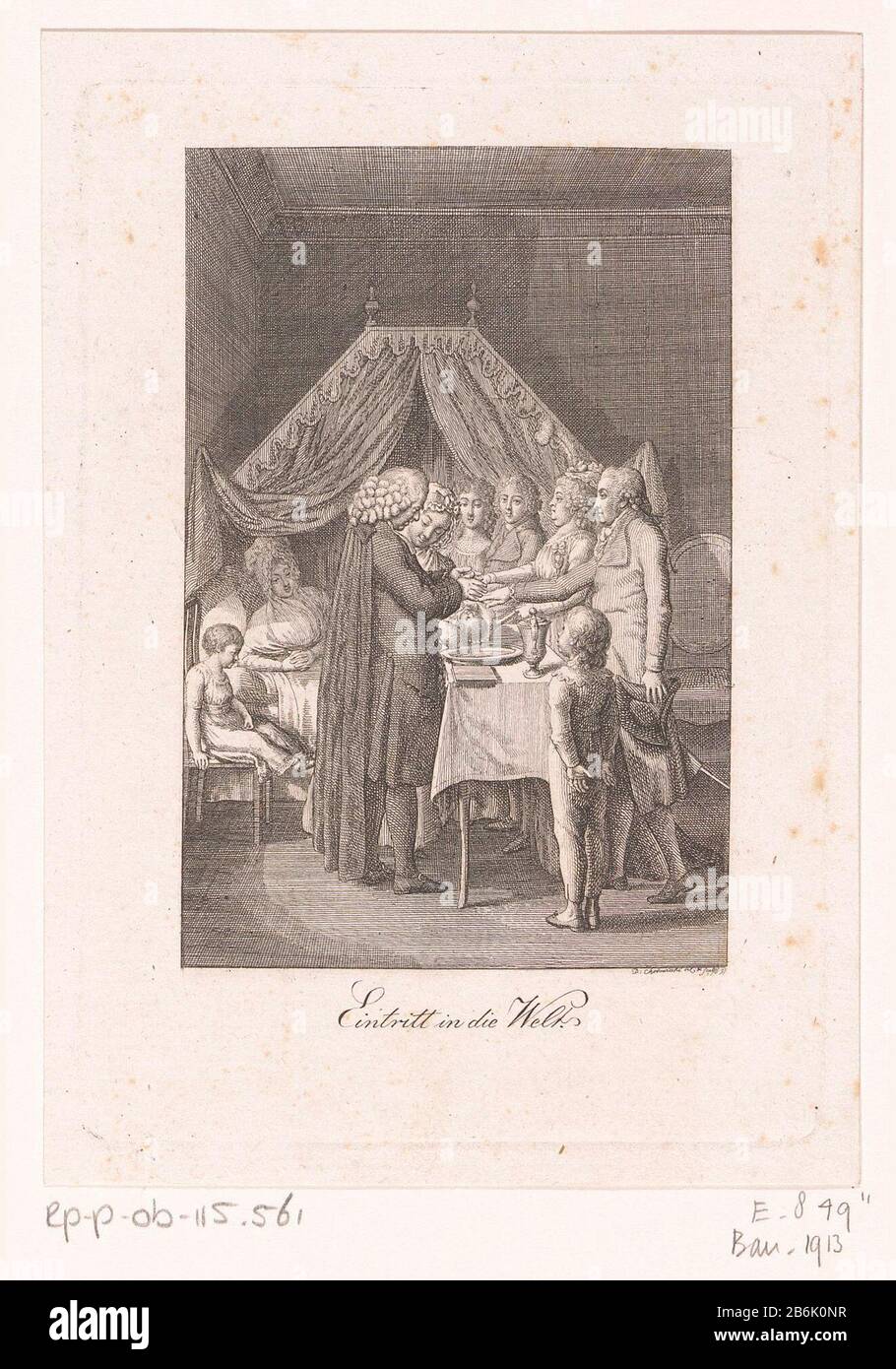 Christening of the newly born child With signature in Duits. Manufacturer : printmaker Daniel Nikolaus ChodoWie: CKI (listed building) in its design: Daniel Nikolaus Chodowiecki (listed property) Place manufacture: Berlin Date: 1797 Material: paper Technique: etching dimensions: plate edge : h × 135 mm b 94 mmToelichtingPrent used for: Lang, Karl. Almanach und für Taschenbuch Häusliche und Gesellschaftl. Freuden (...). Heilbronn: Industry Comtoir, s.a. Subject: baptism, christening ceremony  the first of the seven sacraments lying-in room and right Stock Photo