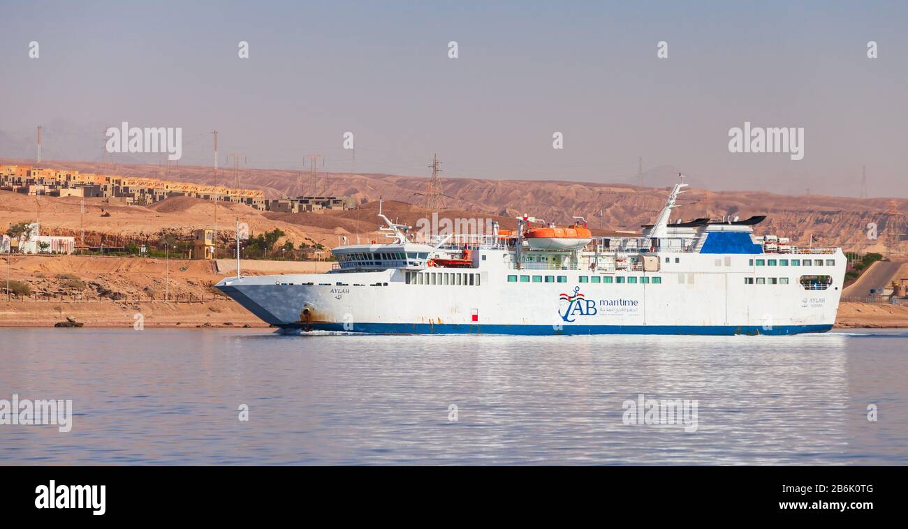 Aqaba, Jordan - May 17, 2018: White ferry Aylah enters the port of Aqaba Stock Photo