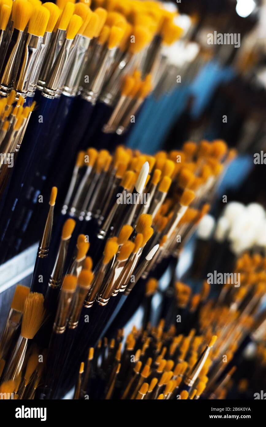 Group of artistic paintbrushes for artist. New paint brushes on shelf display in stationery shop. Art painting concept. The concept of selling tools for artists, the choice of brushes. Stock Photo