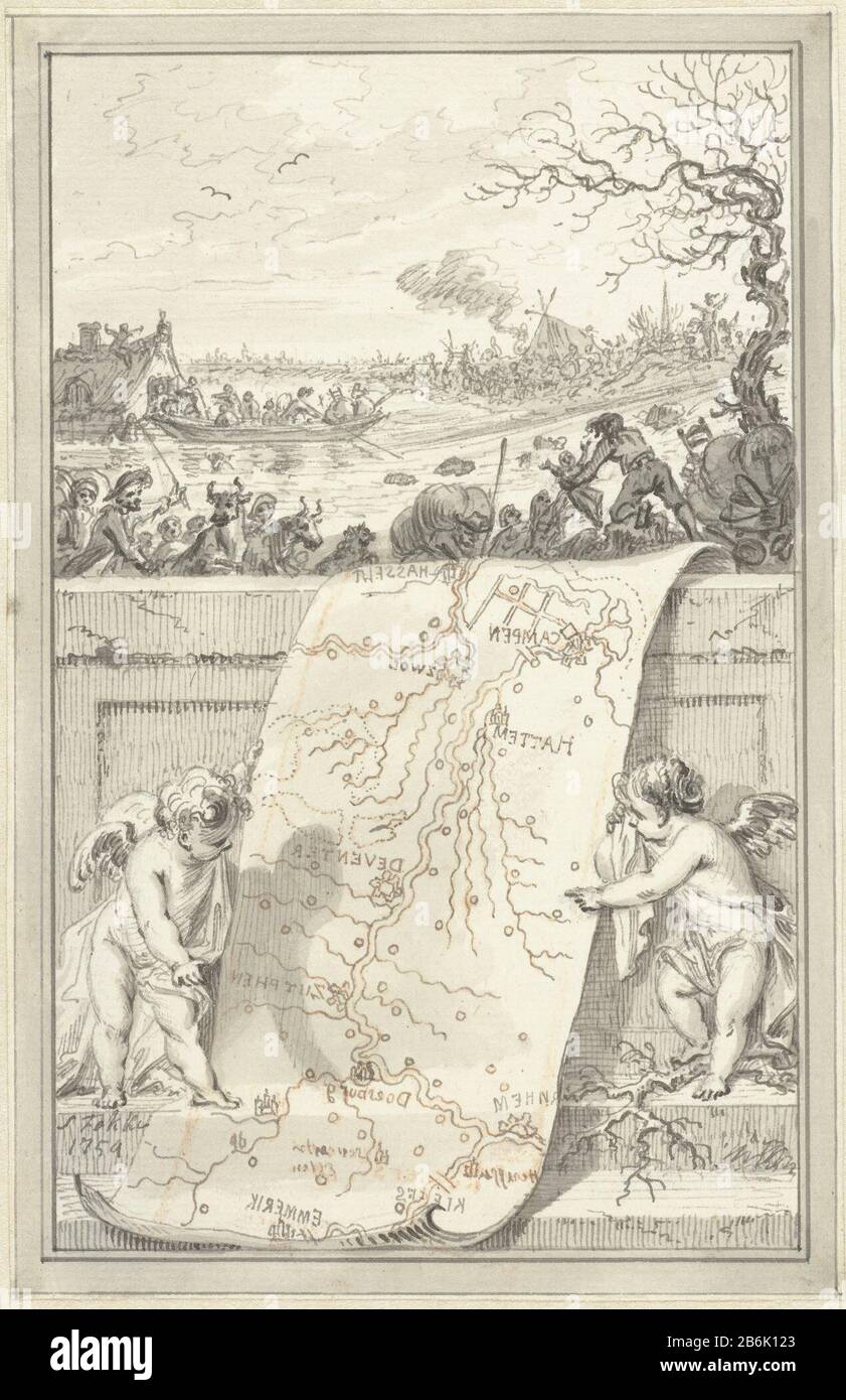 Breakthrough of the Rhine and IJssel Dykes, 1754 Watersnood after breaking through the river embankments along the Rhine and the IJssel, January 1754 . Down two putti with a map of the river area between Kampen and Emmerich, top residents flee the flooded land with household goods and livestock. Draft prent. Manufacturer : artist: Simon Fokke Place manufacture: Northern Netherlands Date: 1754 Physical features: pencil and red chalk, pen and brush in gray, doorgegriffeld Material: paper Dimensions: H 163 mm × W 106 mm Subject: dike-break flood, high tideWanneer: 1754-01 - 1754-01 Stock Photo