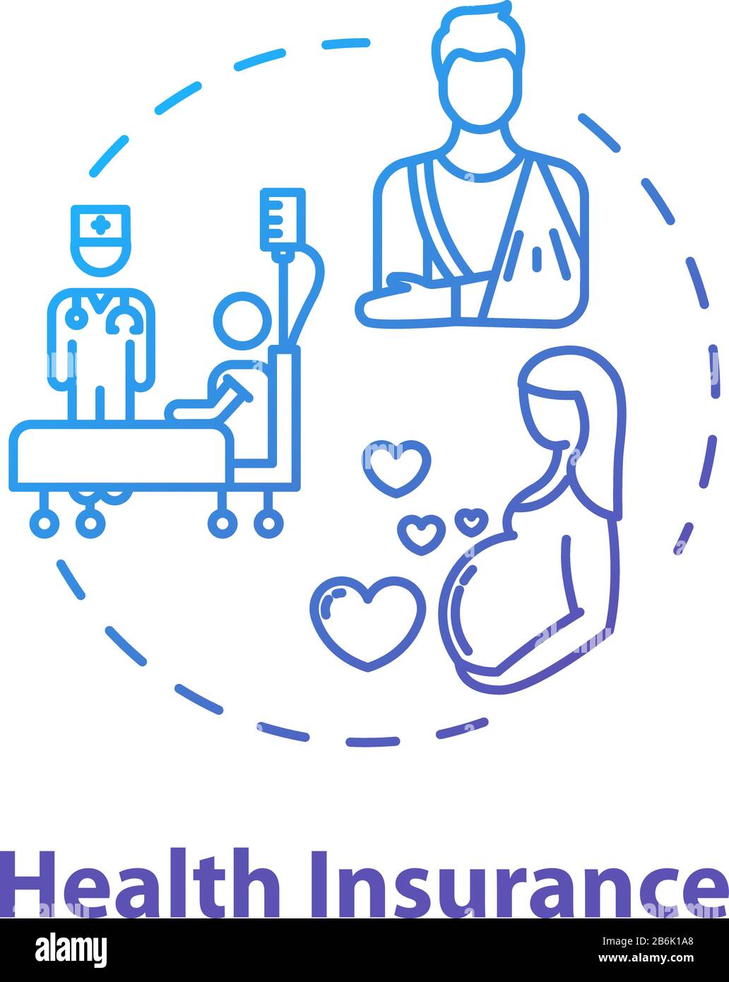 Health insurance concept icon. Pregnant woman checkup. Injury from