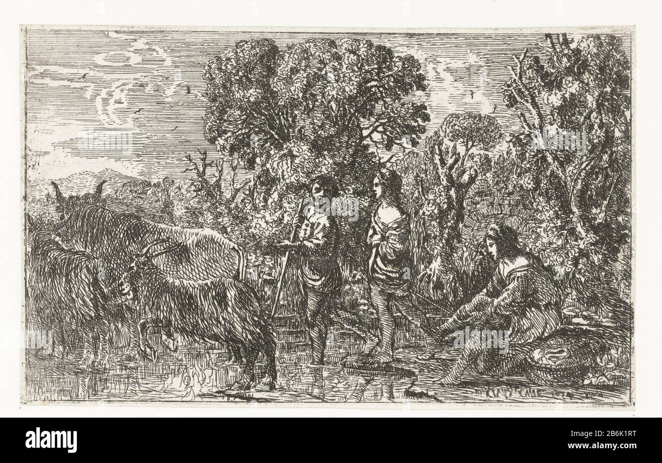 A shepherd and shepherdess with cattle on the river stabbing at the