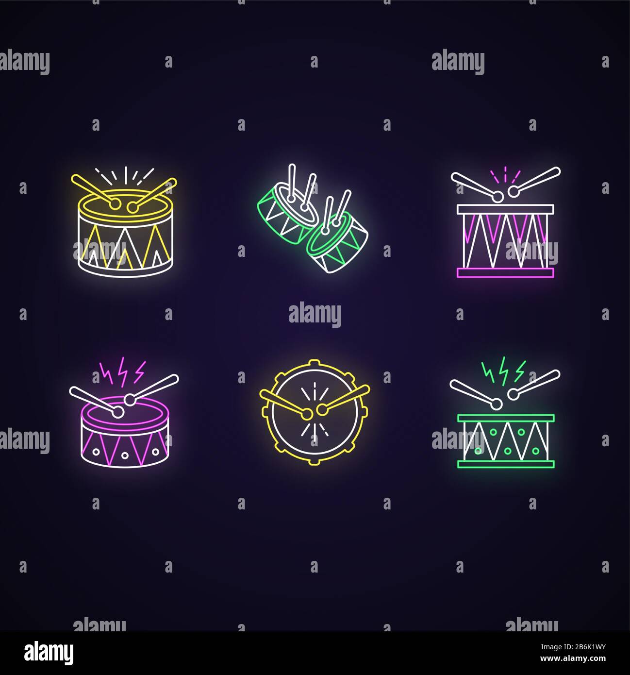 Brazilian music neon light icons set. Drums with drumsticks. Samba. Musical instrument. Brazilian carnival. Festive parade. Signs with outer glowing Stock Vector