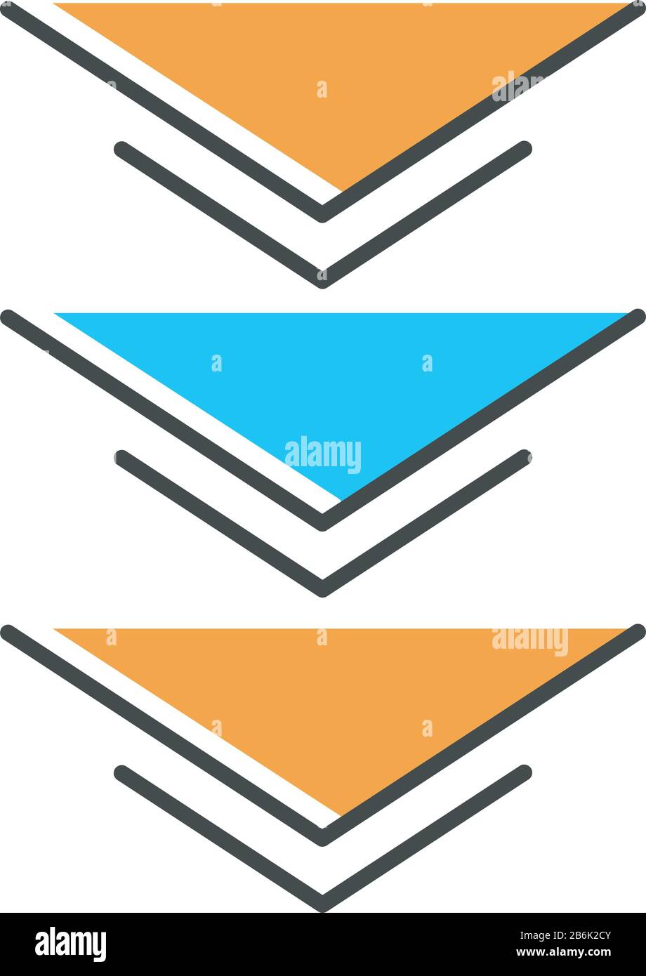 Three down arrows orange RGB color icon. Page browsing direction, download. Website pointer. Web cursor. Scrolldown application interface directional Stock Vector