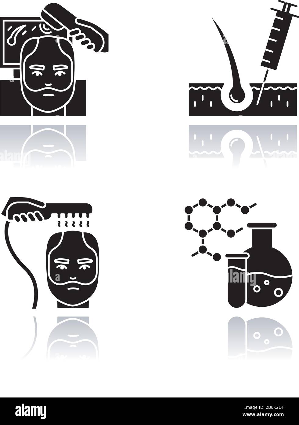 Hair loss drop shadow black glyph icons set. Laser therapy for men's thinning hair. Medical injection for alopecia. Male hair loss treatment Stock Vector