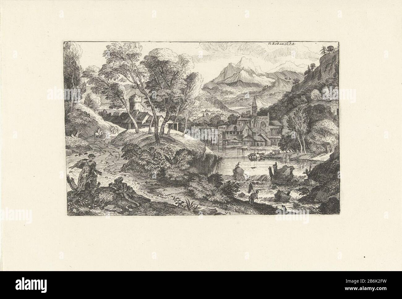Village at the waterfront Landscapes, four series (series title) Landscape with sight on village waterfront. In the left foreground, woman looking lying man. Waterfront boy with a fishing net in the background cows drinking from rivier. Manufacturer : printmaker: Adriaen van der Cabel Publisher: Robert N. (listed property) provider of privilege: Louis XIV (King of France) (listed building) place manufacture: France (possible) Dated: 1648 - 1705 Physical features: etching material: paper Technique: etching dimensions: plate edge: h 131 mm × W 206 mm Subject landscape Stock Photo