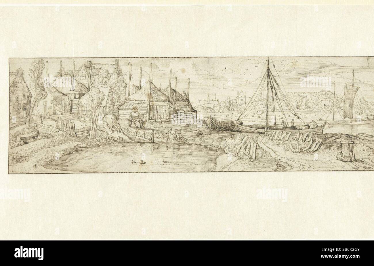 Village on a river Village on a river object type: drawing Object number: RP-T-1912-24 Manufacturer :  draftsman: Jan van de Velde (II) Date: 1603 - 1620 Physical characteristics: pen in brown material: paper Ink Technique: pen Dimensions: h 108 mm × W 363 mm Subject: riverbank prospect or village, silhouette or village Stock Photo