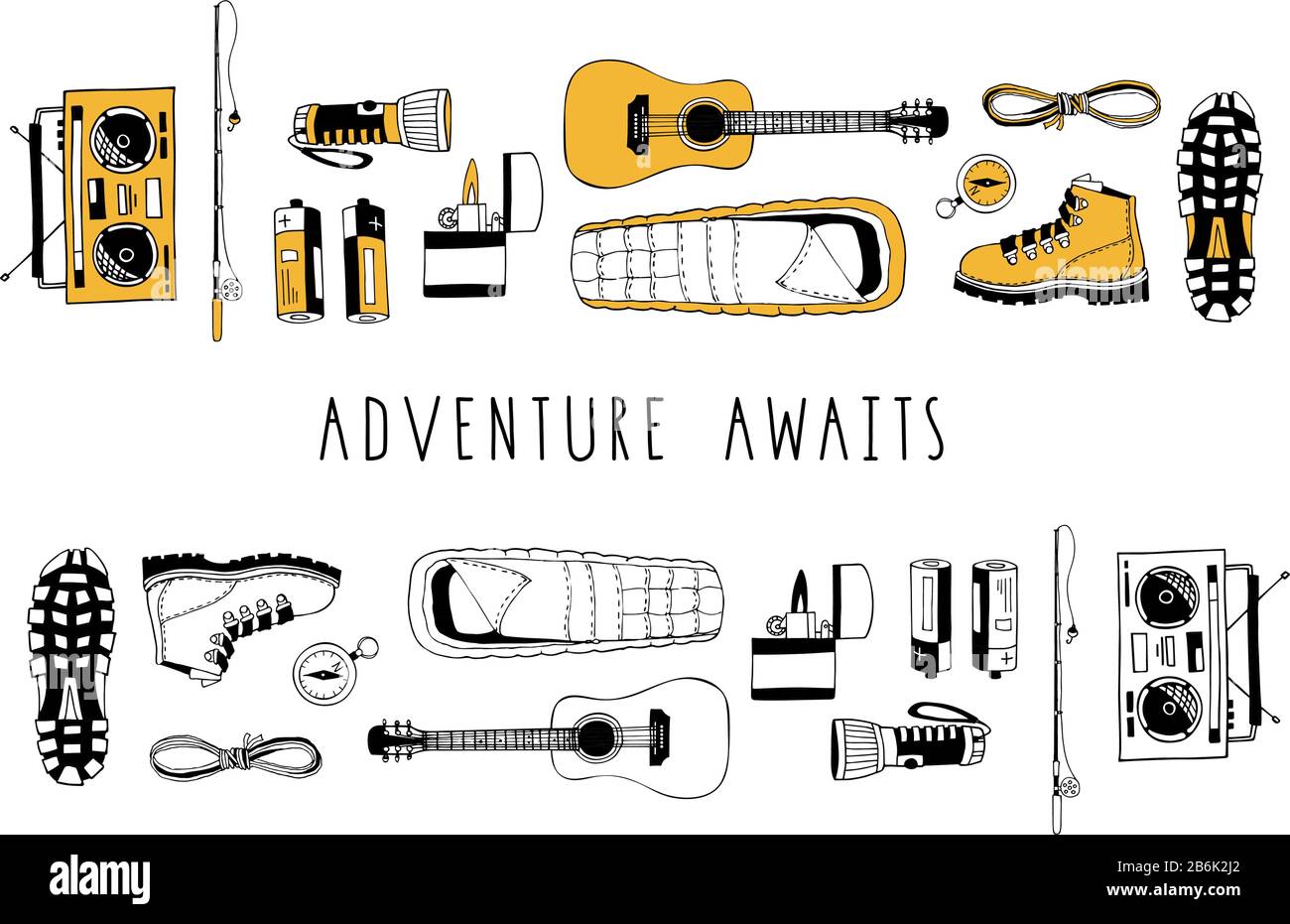 Vector set of hand drawn elements isolated on white. Camping. Boots, flashlight, rope, guitar, sleeping bag, compass, boombox radio receiver, fishing Stock Vector