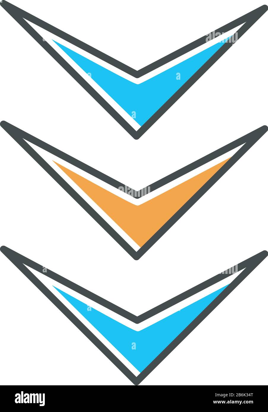 Three down arrows blue and orange RGB color icon. Page browsing vertical direction, download marker. Website pointer. Scrolldown cursor, next button Stock Vector